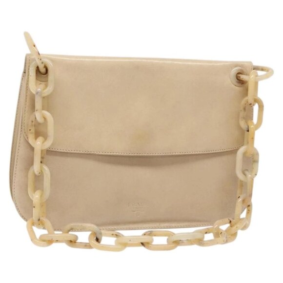 PRADA Chain Shoulder Bag Leather plastic Beige Silver - Picture 1 of 16